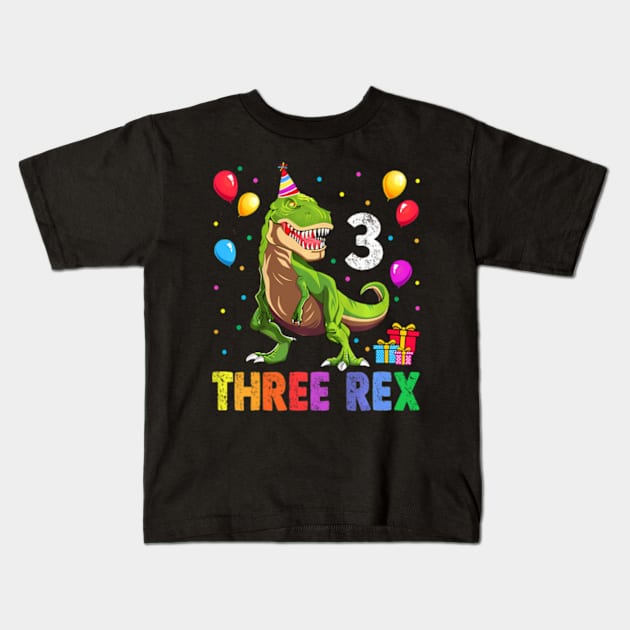 Kids Three Rex 3rd Birthday Third Dinosaur 3 Year Old Kids T-Shirt by Cristian Torres
